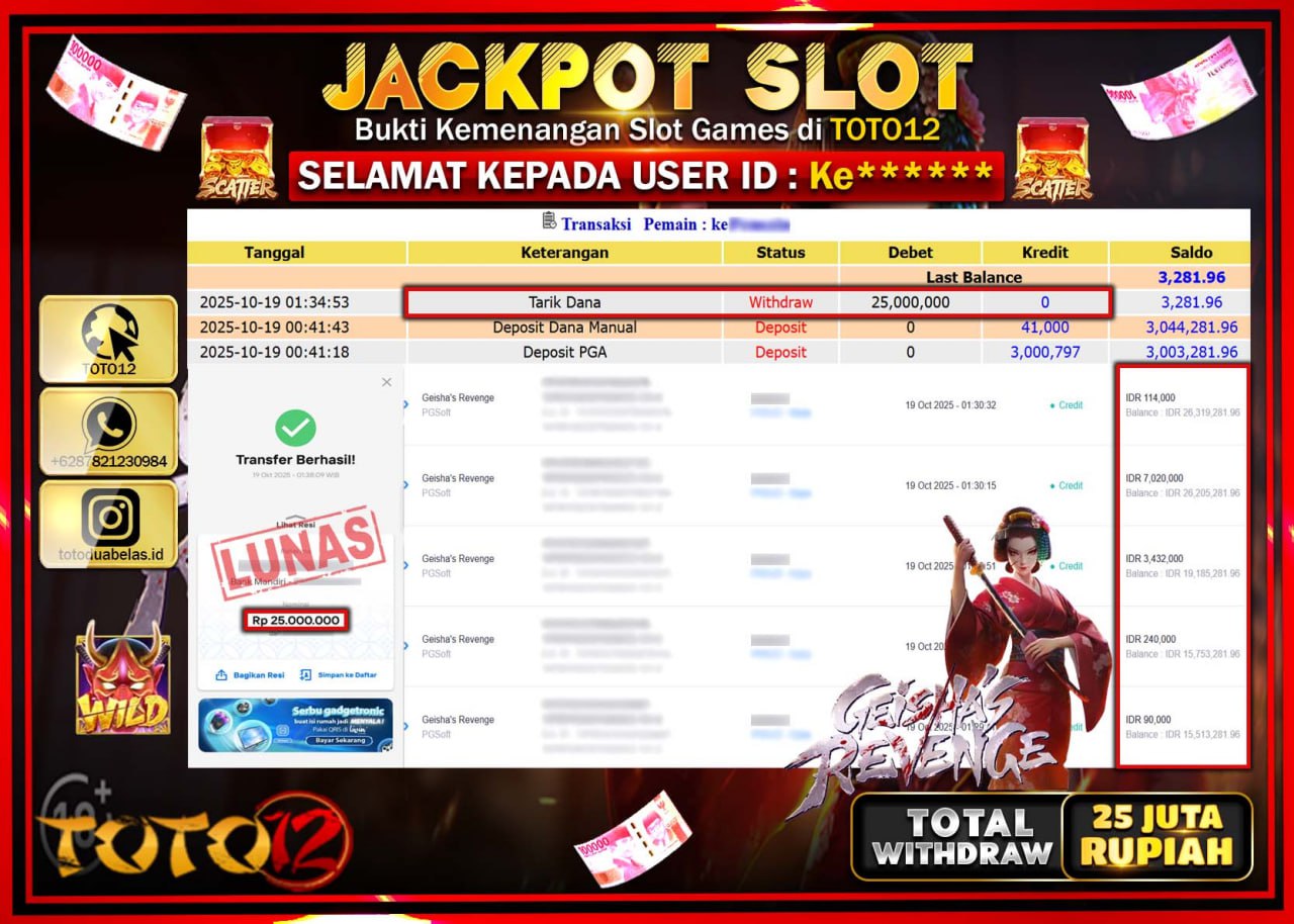 HANYA DI TOTO12 JP PASTI DI BAYAR LUNAS DAN CEPAT!!!!!! JACKPOT SLOT GAME (GEISHAS REVENGE) Rp.25.000.000 !!!!