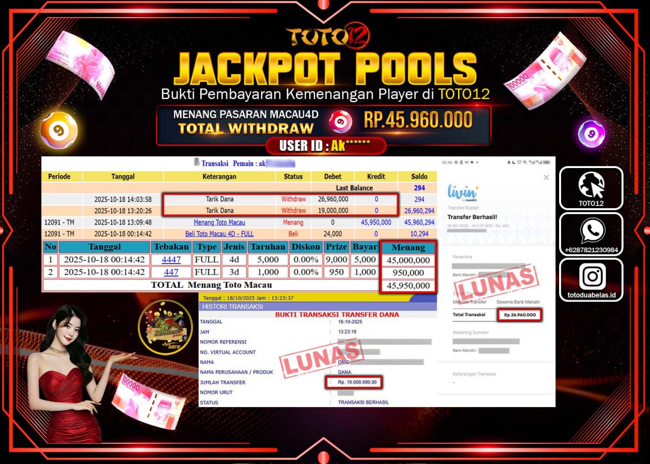 HANYA DI TOTO12 JP PASTI DI BAYAR LUNAS DAN CEPAT!!!!!! JACKPOT POOLS PASARAN (MACAU 4D) Rp.45.960.000 !!!!