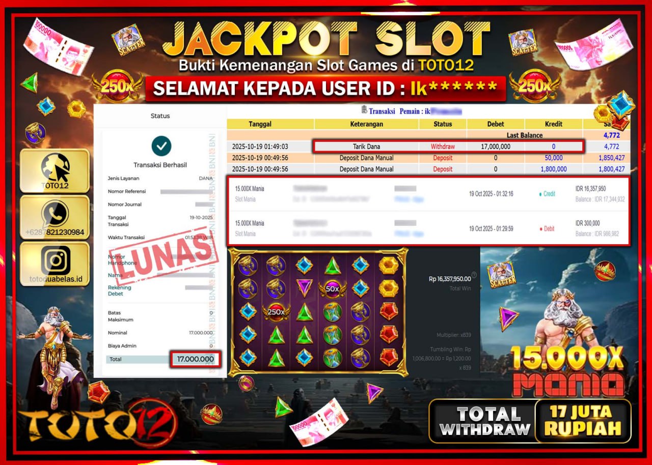 HANYA DI TOTO12 JP PASTI DI BAYAR LUNAS DAN CEPAT!!!!!! JACKPOT SLOT GAME (15.000X MANIA) Rp.17.000.000 !!!!