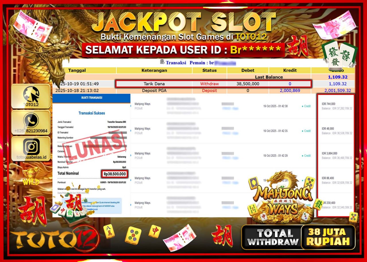 HANYA DI TOTO12 JP PASTI DI BAYAR LUNAS DAN CEPAT!!!!!! JACKPOT SLOT GAME (MAHJONG WAYS) Rp.38.500.000 !!!!