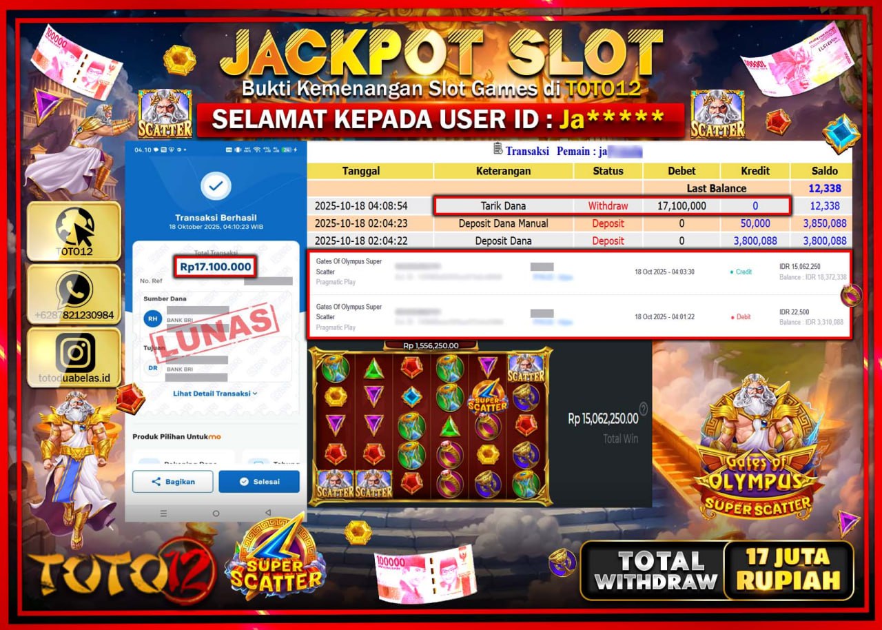 HANYA DI TOTO12 JP PASTI DI BAYAR LUNAS DAN CEPAT!!!!!! JACKPOT SLOT GAME (GATES OF OLYMPUS SUPER SCATTER) Rp.17.100.000 !!!!