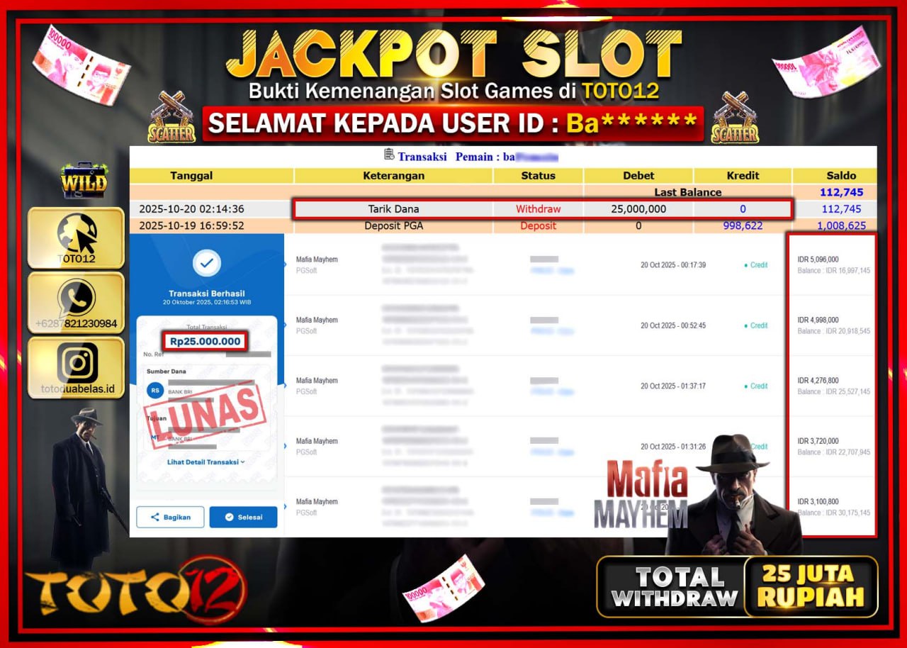HANYA DI TOTO12 JP PASTI DI BAYAR LUNAS DAN CEPAT!!!!!! JACKPOT SLOT GAME (MAFIA MAYHEM) Rp.25.000.000 !!!!
