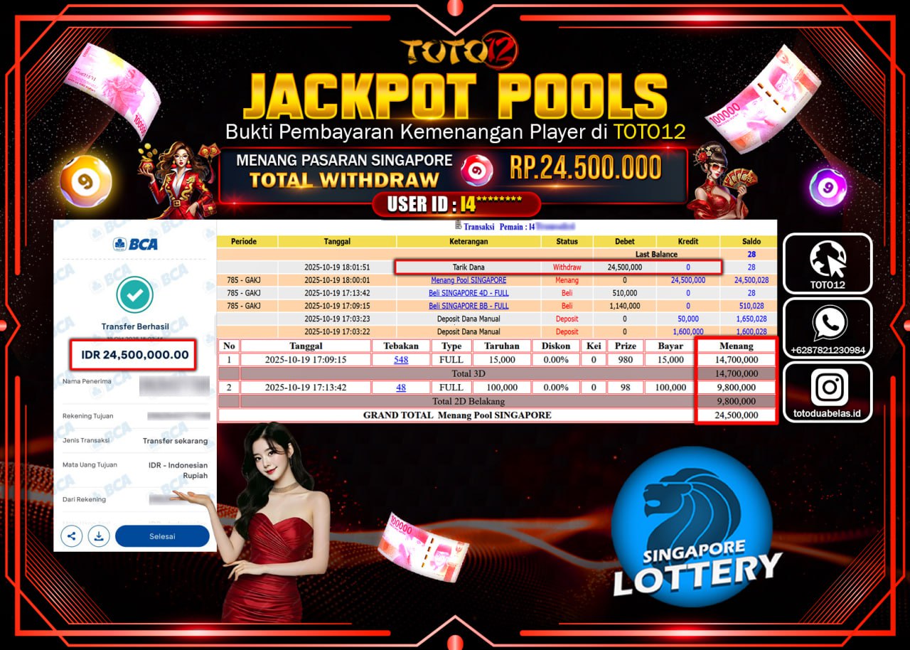 HANYA DI TOTO12 JP PASTI DI BAYAR LUNAS DAN CEPAT!!!!!! JACKPOT POOLS PASARAN (SINGAPORE) Rp.24.5000.000 !!!!