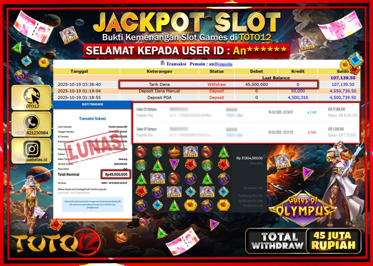 HANYA DI TOTO12 JP PASTI DI BAYAR LUNAS DAN CEPAT!!!!!! JACKPOT SLOT GAME (GATES OF OLYMPUS) Rp.45.000.000 !!!!