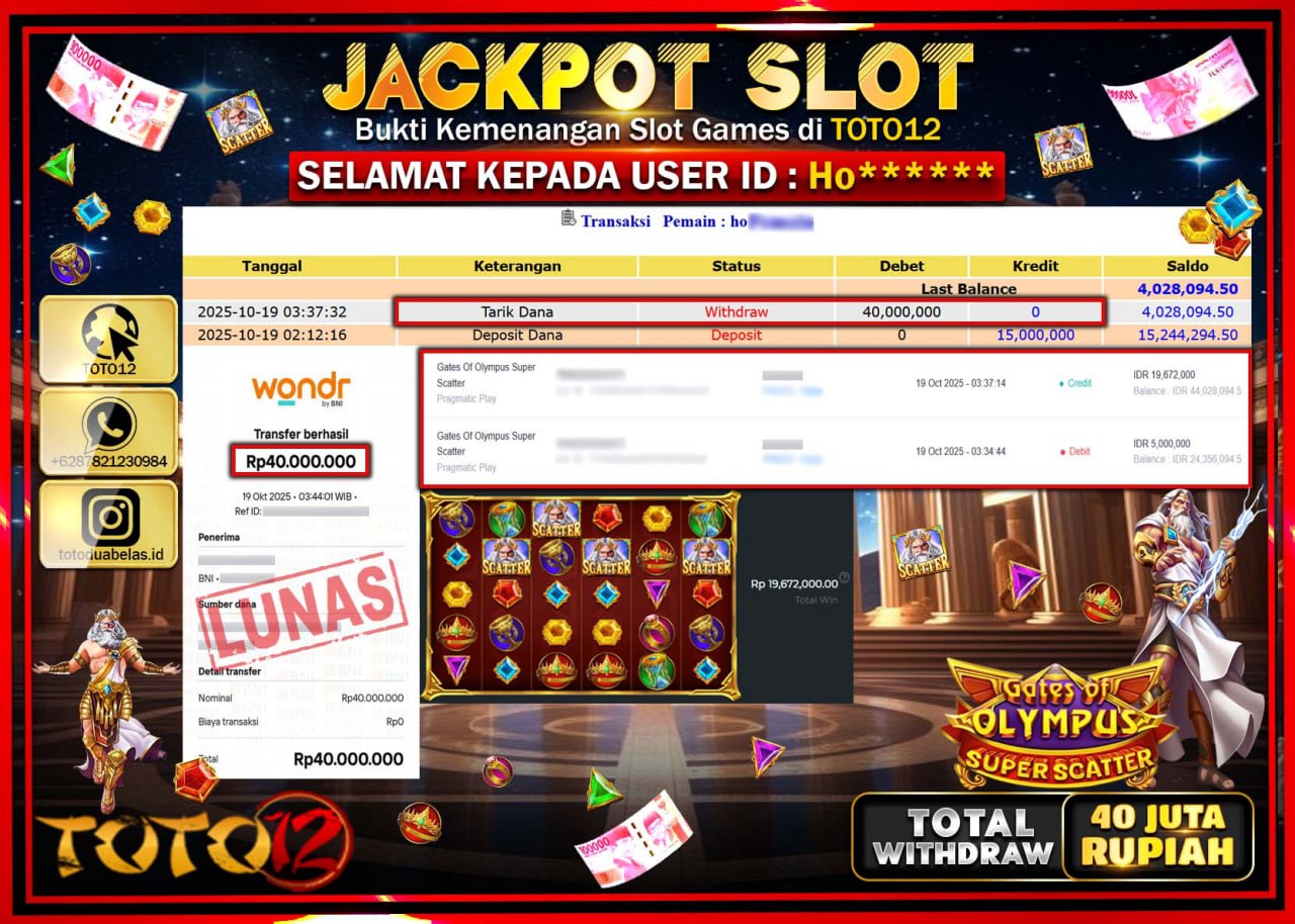 HANYA DI TOTO12 JP PASTI DI BAYAR LUNAS DAN CEPAT!!!!!! JACKPOT SLOT GAME (GATES OF OLYMPUS SUPER SCATTER) Rp.40.000.000 !!!!