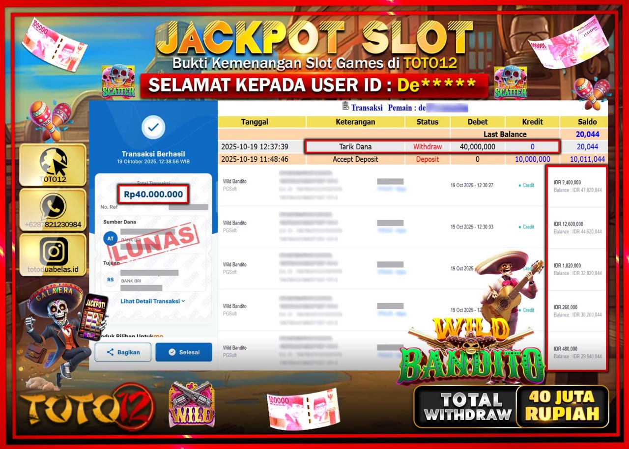 HANYA DI TOTO12 JP PASTI DI BAYAR LUNAS DAN CEPAT!!!!!! JACKPOT SLOT GAME (WILD BANDITO) Rp.40.000.000 !!!!