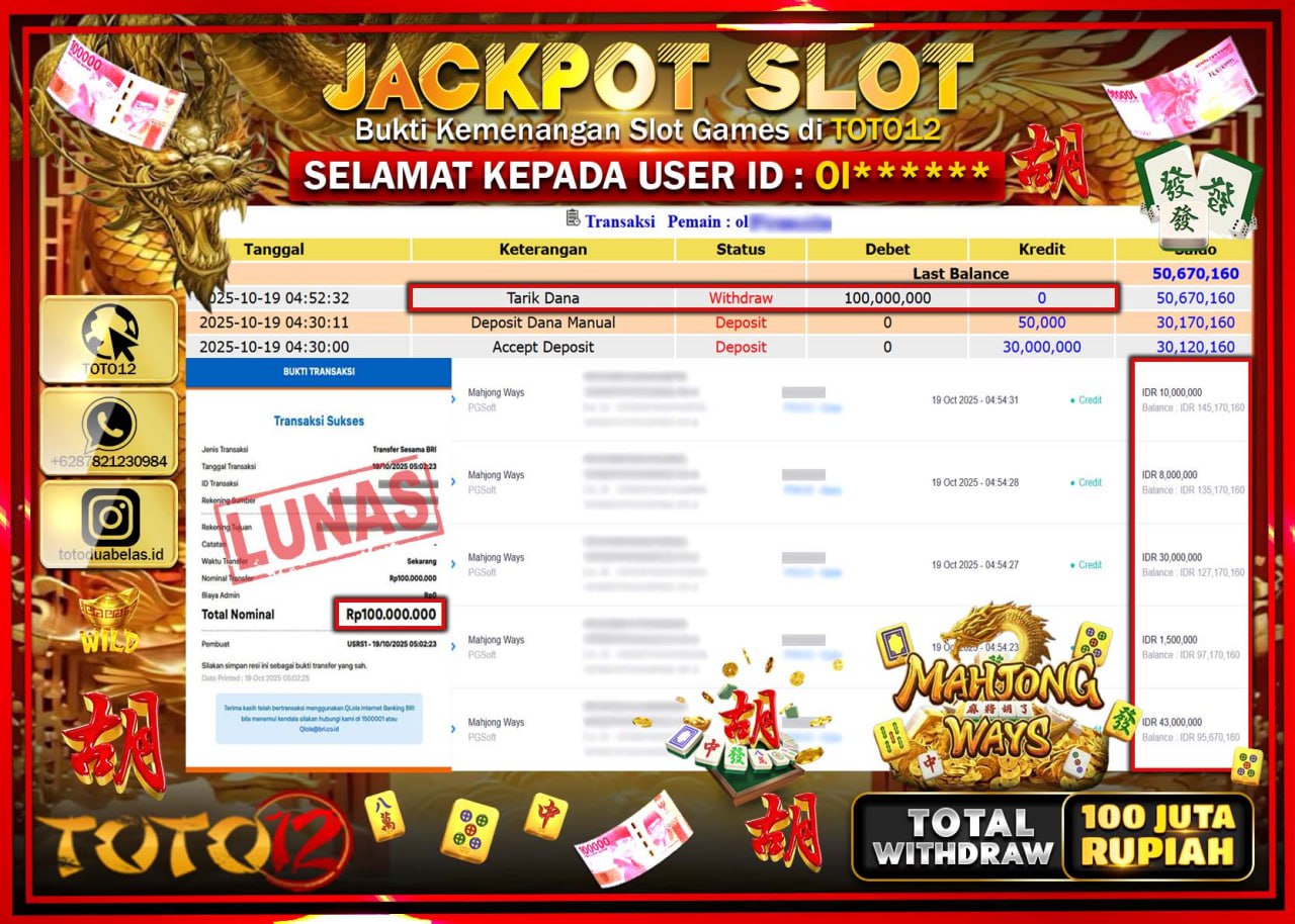 HANYA DI TOTO12 JP PASTI DI BAYAR LUNAS DAN CEPAT!!!!!! JACKPOT SLOT GAME (MAHJONG WAYS) Rp.100.000.000 !!!!