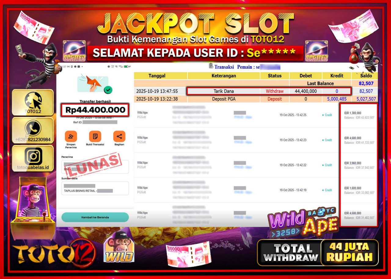 HANYA DI TOTO12 JP PASTI DI BAYAR LUNAS DAN CEPAT!!!!!! JACKPOT SLOT GAME (WILD APE) Rp.44.400.000 !!!!