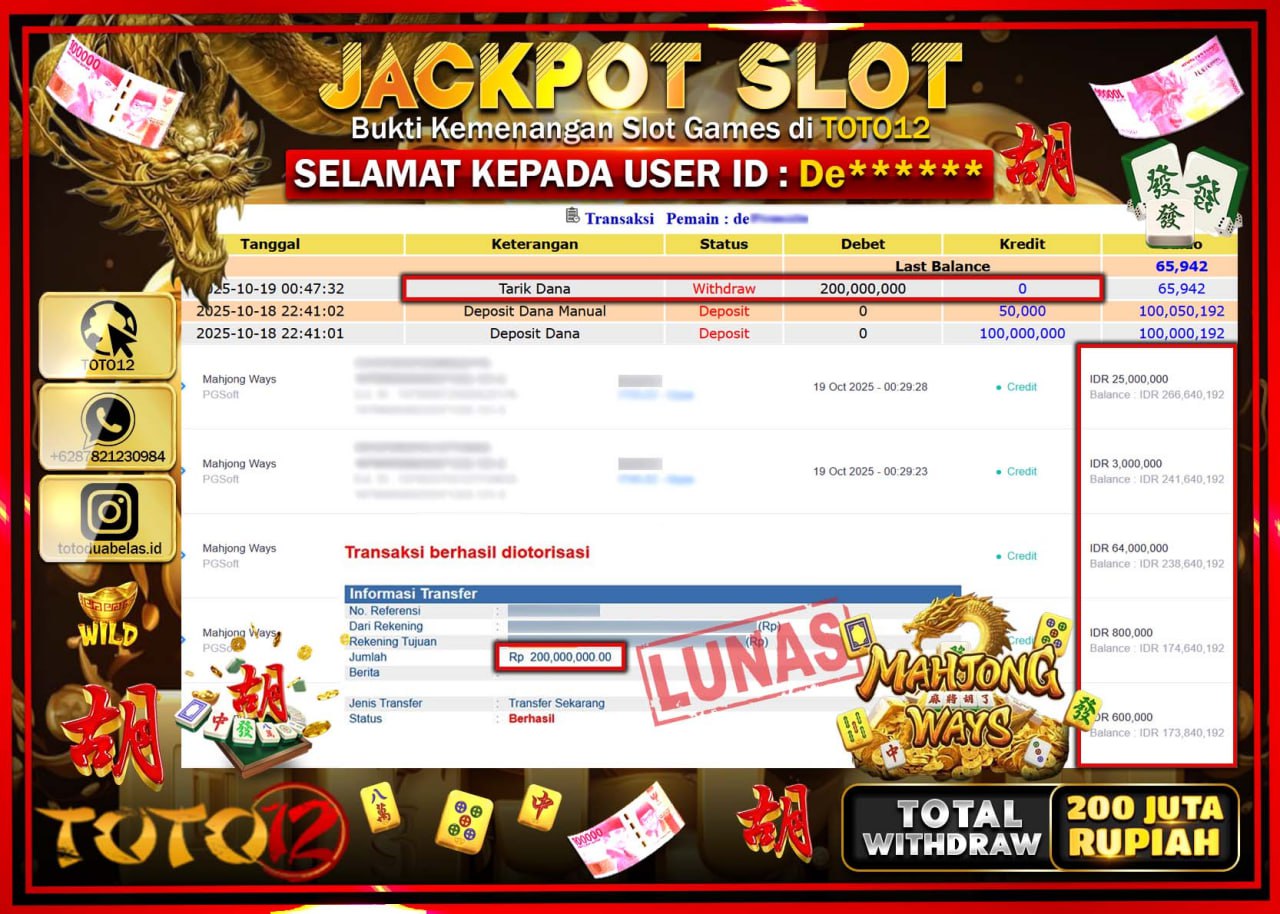 HANYA DI TOTO12 JP PASTI DI BAYAR LUNAS DAN CEPAT!!!!!! JACKPOT SLOT GAME (MAHJONG WAYS) Rp.200.000.000 !!!!