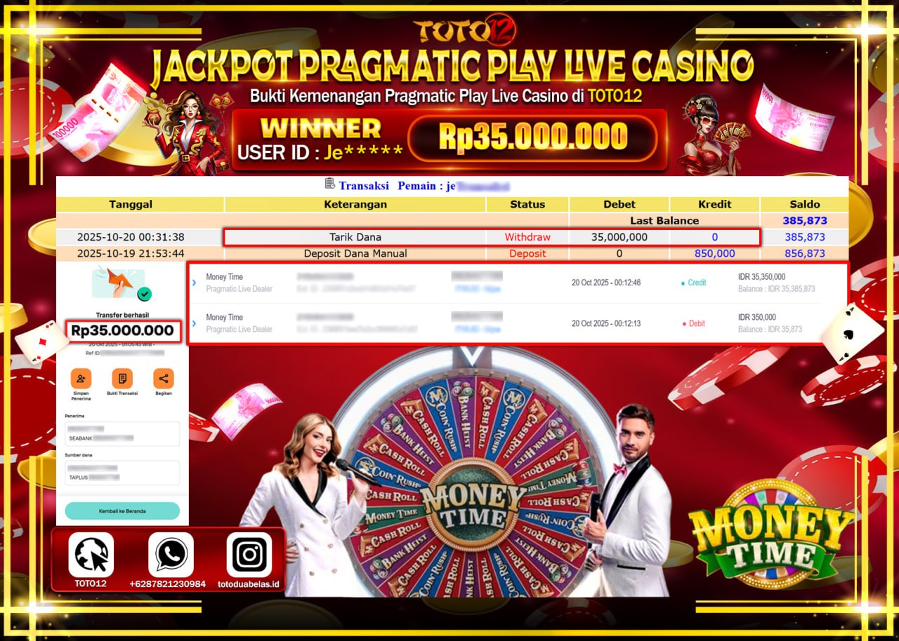 HANYA DI TOTO12 JP PASTI DI BAYAR LUNAS DAN CEPAT!!!!!! JACKPOT PRAGMATIC PLAY LIVE CASINO (MONEY TIME) Rp.35.000.000 !!!!
