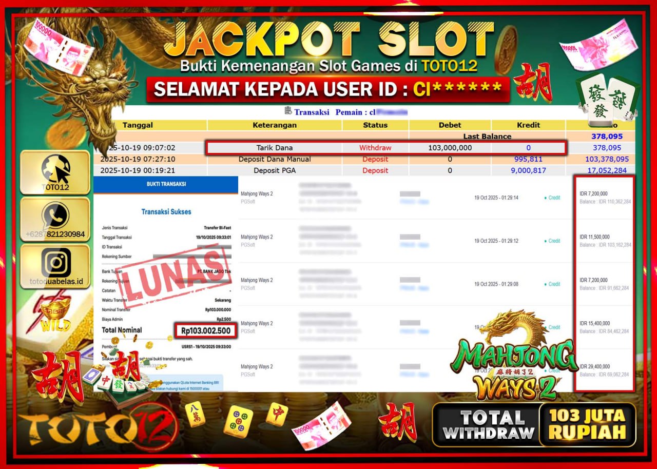 HANYA DI TOTO12 JP PASTI DI BAYAR LUNAS DAN CEPAT!!!!!! JACKPOT SLOT GAME (MAHJONG WAYS 2) Rp.103.000.000 !!!!