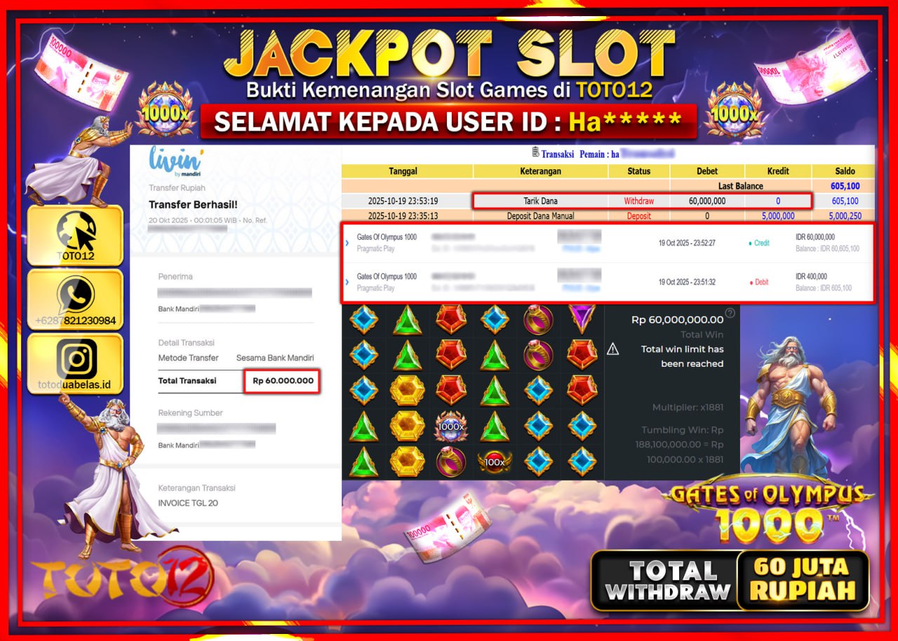 HANYA DI TOTO12 JP PASTI DI BAYAR LUNAS DAN CEPAT!!!!!! JACKPOT SLOT GAME (GATES OF OLYMPUS 1000) Rp.60.000.000 !!!!