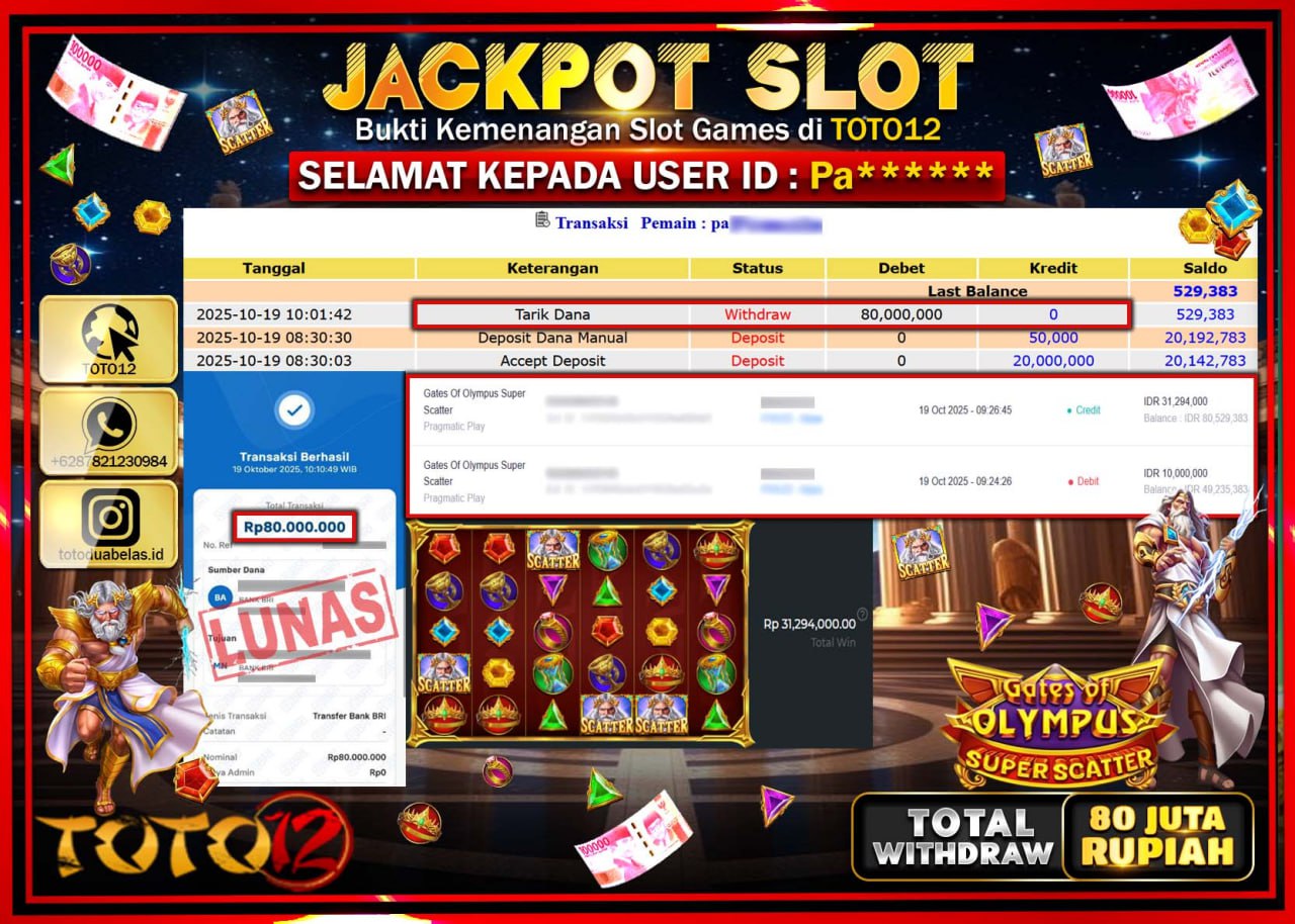 HANYA DI TOTO12 JP PASTI DI BAYAR LUNAS DAN CEPAT!!!!!! JACKPOT SLOT GAME (GATES OF OLYMPUS SUPER SCATTER) Rp.80.000.000 !!!!