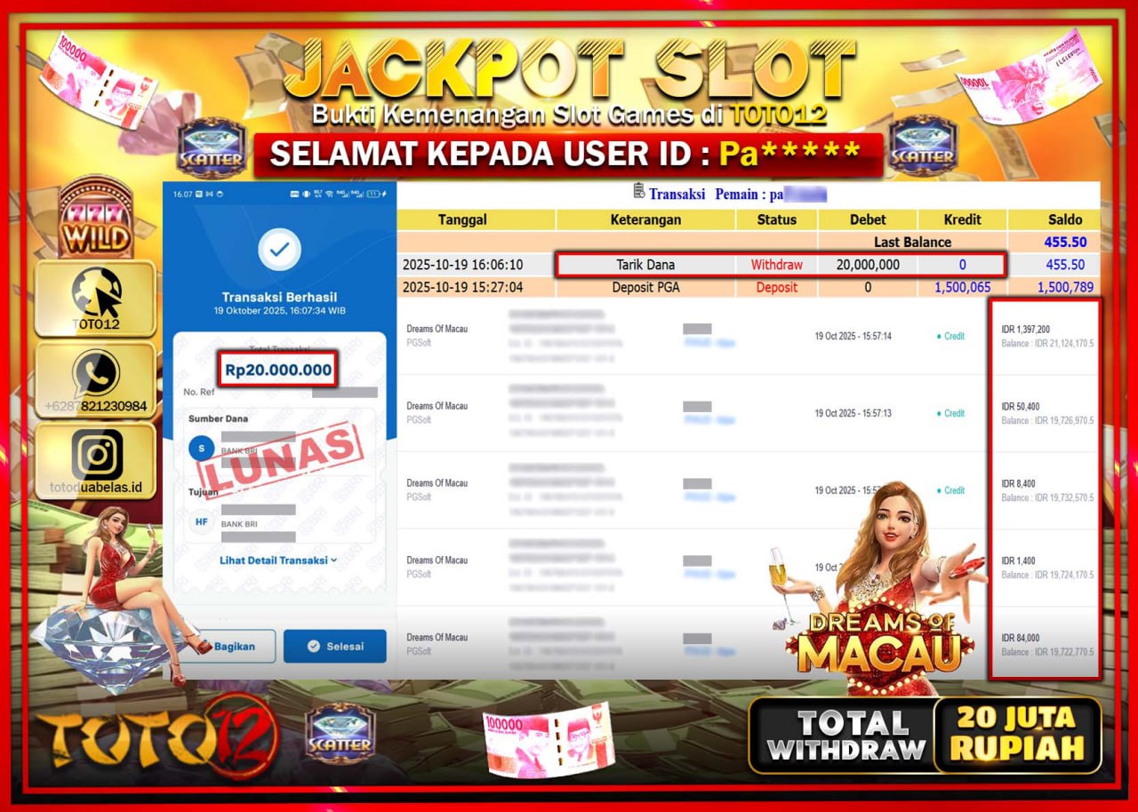 HANYA DI TOTO12 JP PASTI DI BAYAR LUNAS DAN CEPAT!!!!!! JACKPOT SLOT GAME (DREAMS OF MACAU) Rp.20.000.000 !!!!
