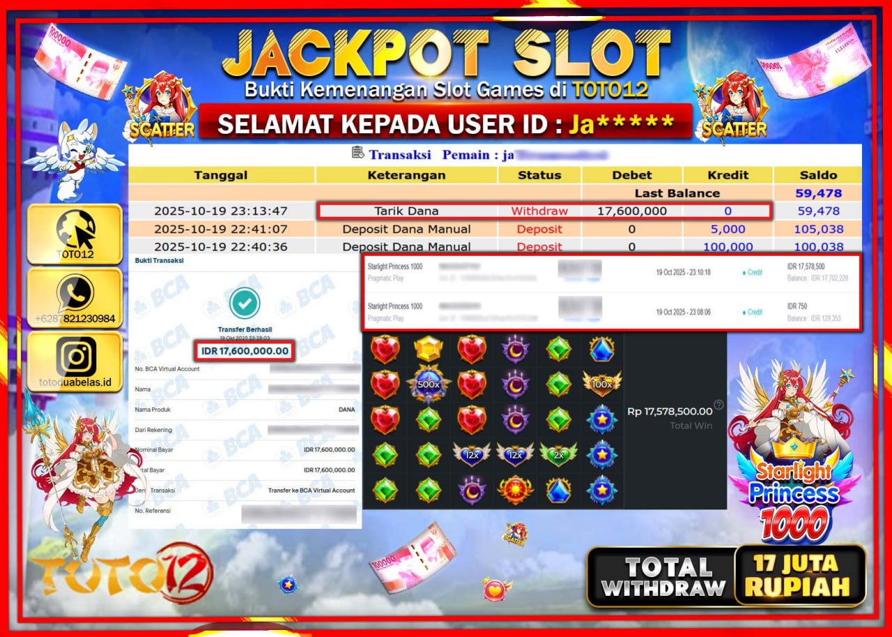 HANYA DI TOTO12 JP PASTI DI BAYAR LUNAS DAN CEPAT!!!!!! JACKPOT SLOT GAME (STARLIGHT PRINCESS 1000) Rp.17.600.000 !!!!