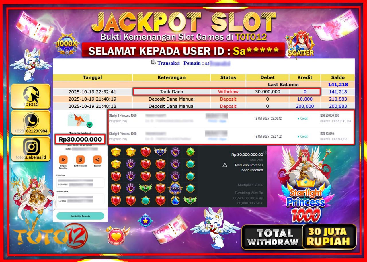 HANYA DI TOTO12 JP PASTI DI BAYAR LUNAS DAN CEPAT!!!!!! JACKPOT SLOT GAME (STARLIGHT PRINCESS 1000) Rp.30.000.000 !!!!