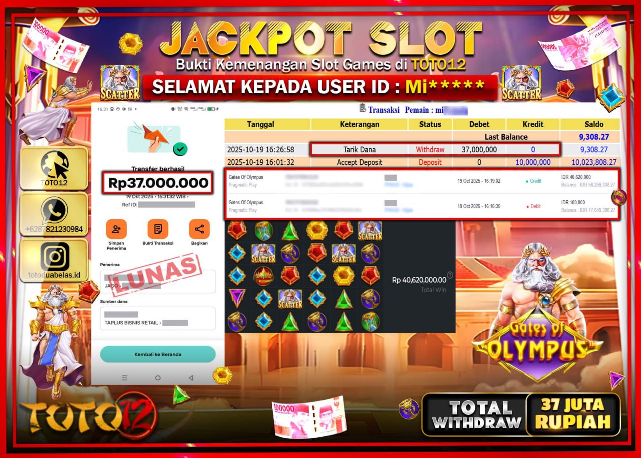 HANYA DI TOTO12 JP PASTI DI BAYAR LUNAS DAN CEPAT!!!!!! JACKPOT SLOT GAME (GATES OF OLYMPUS) Rp.37.000.000 !!!!