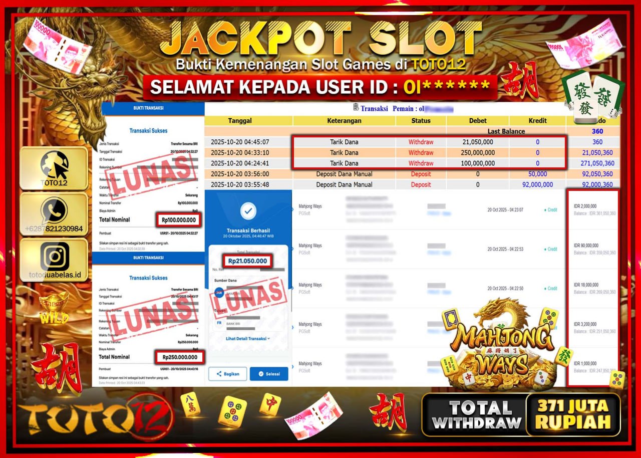 HANYA DI TOTO12 JP PASTI DI BAYAR LUNAS DAN CEPAT!!!!!! JACKPOT SLOT GAME (MAHJONG WAYS) Rp.371.050.000 !!!!