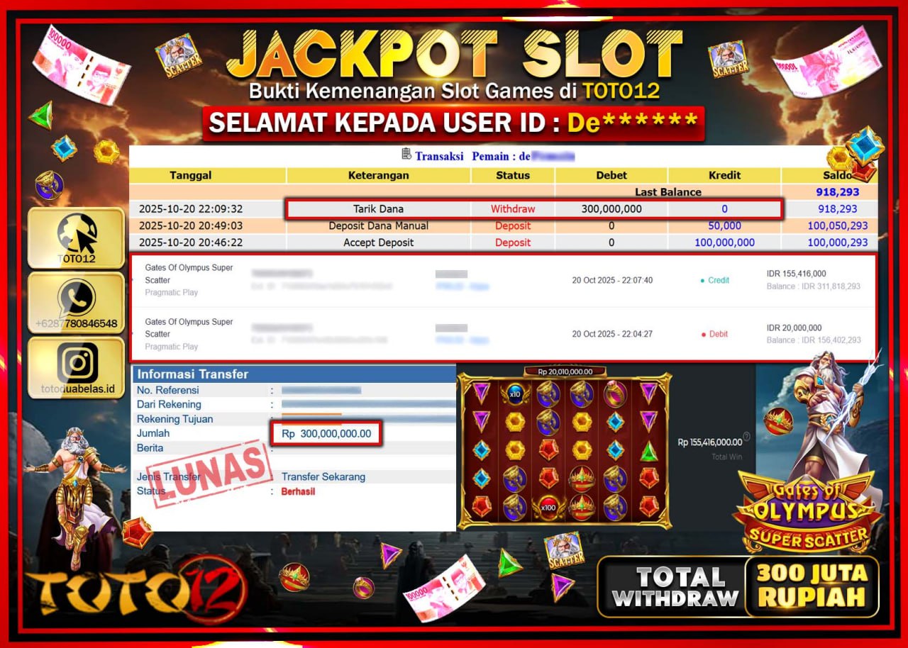 HANYA DI TOTO12 JP PASTI DI BAYAR LUNAS DAN CEPAT!!!!!! JACKPOT SLOT GAME (GATES OF OLYMPUS SUPER SCATTER) Rp.300.000.000 !!!!