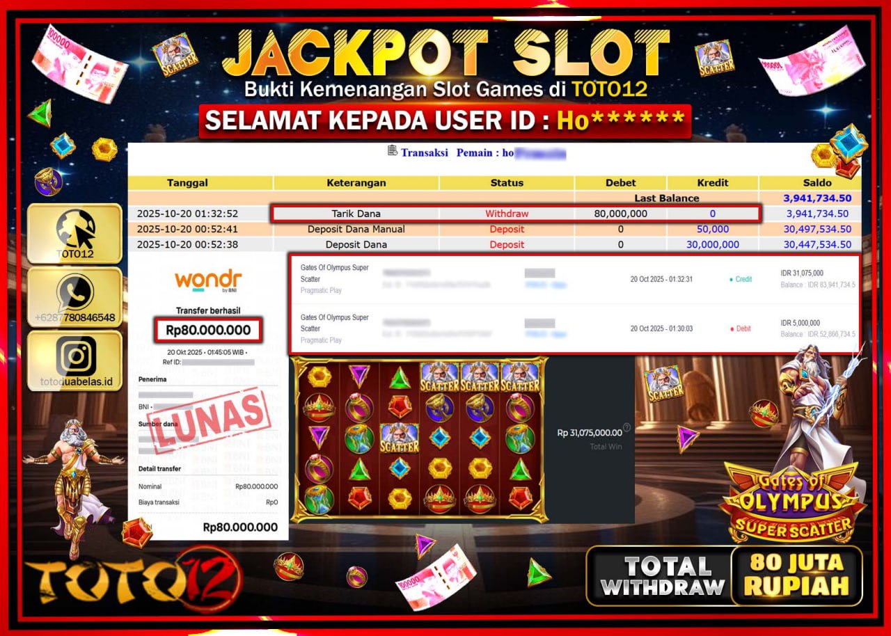 HANYA DI TOTO12 JP PASTI DI BAYAR LUNAS DAN CEPAT!!!!!! JACKPOT SLOT GAME (GATES OF OLYMPUS SUPER SCATTER) Rp.80.000.000 !!!!