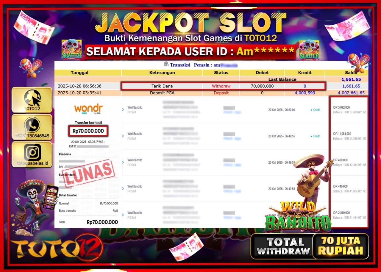 HANYA DI TOTO12 JP PASTI DI BAYAR LUNAS DAN CEPAT!!!!!! JACKPOT SLOT GAME (WILD BANDITO) Rp.70.000.000 !!!!