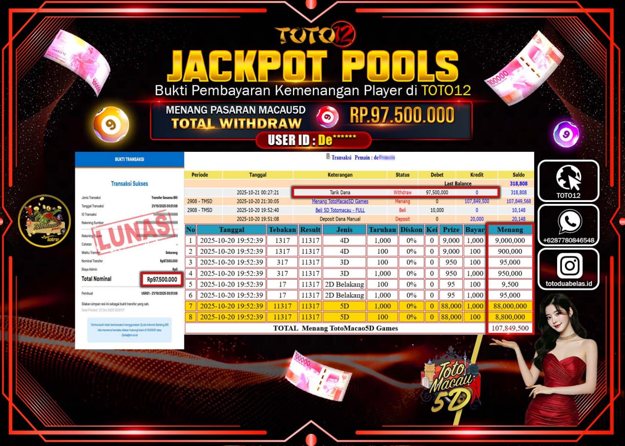 HANYA DI TOTO12 JP PASTI DI BAYAR LUNAS DAN CEPAT!!!!!! JACKPOT POOLS PASARAN (MACAU 5D) Rp.97.500.000 !!!!