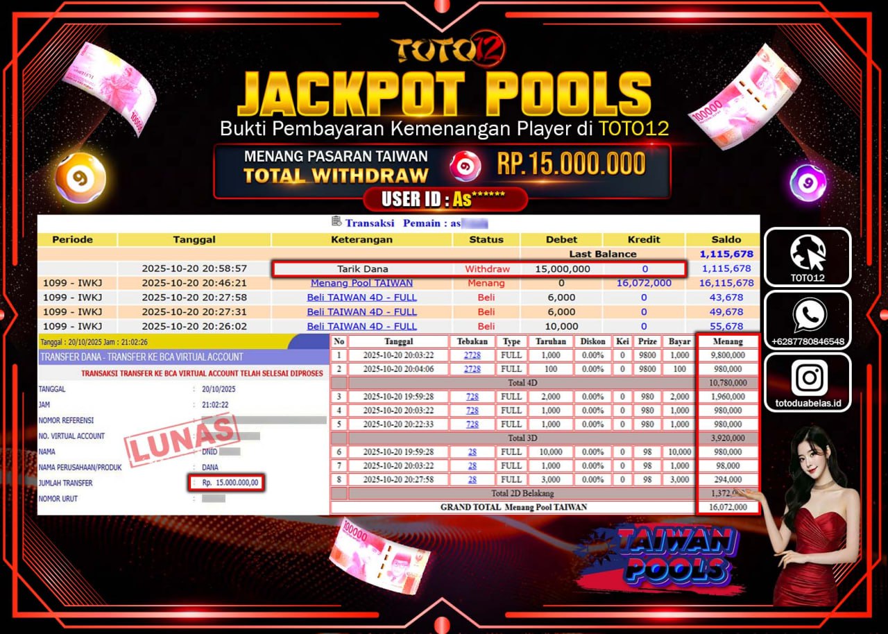 HANYA DI TOTO12 JP PASTI DI BAYAR LUNAS DAN CEPAT!!!!!! JACKPOT POOLS PASARAN (TAIWAN) Rp.15.000.000 !!!!