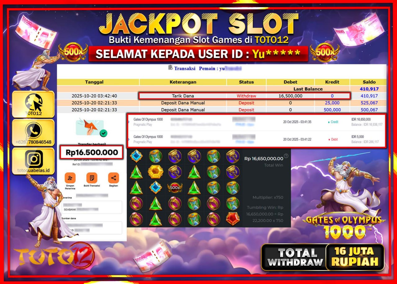 HANYA DI TOTO12 JP PASTI DI BAYAR LUNAS DAN CEPAT!!!!!! JACKPOT SLOT GAME (GATES OF OLYMPUS 1000) Rp.16.500.000 !!!!