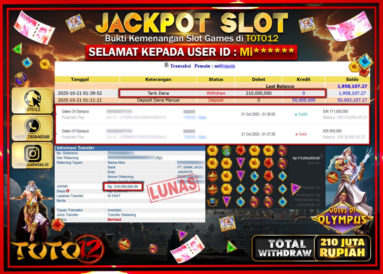 HANYA DI TOTO12 JP PASTI DI BAYAR LUNAS DAN CEPAT!!!!!! JACKPOT SLOT GAME (GATES OF OLYMPUS) Rp.210.000.000 !!!!