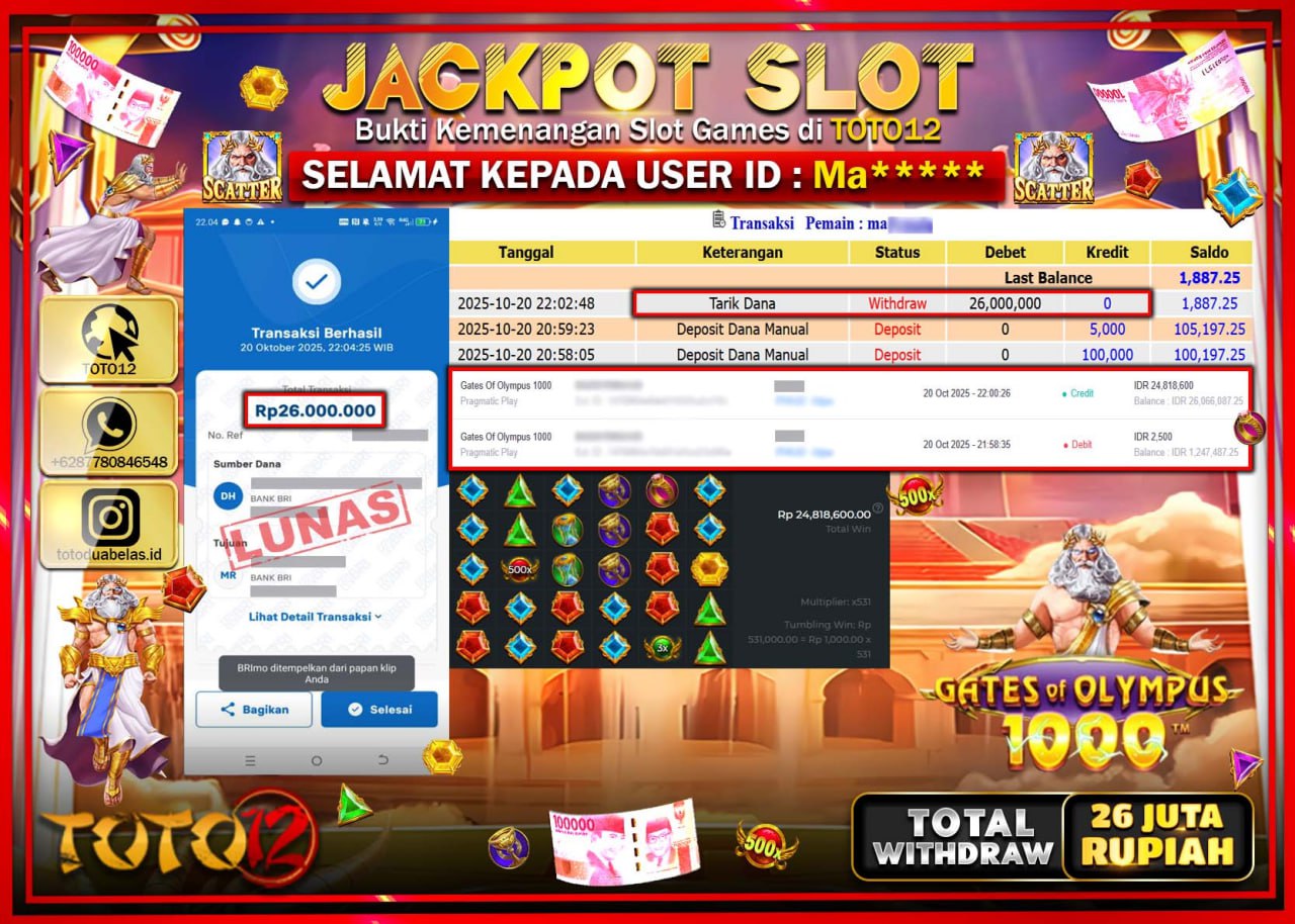 HANYA DI TOTO12 JP PASTI DI BAYAR LUNAS DAN CEPAT!!!!!! JACKPOT SLOT GAME (GATES OF OLYMPUS 1000) Rp.26.000.000 !!!!