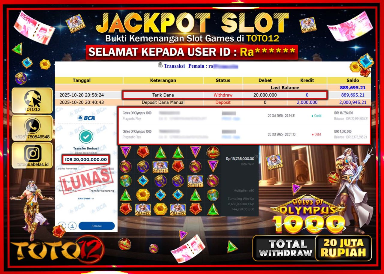 HANYA DI TOTO12 JP PASTI DI BAYAR LUNAS DAN CEPAT!!!!!! JACKPOT SLOT GAME (GATES OF OLYMPUS 1000) Rp.20.000.000 !!!!