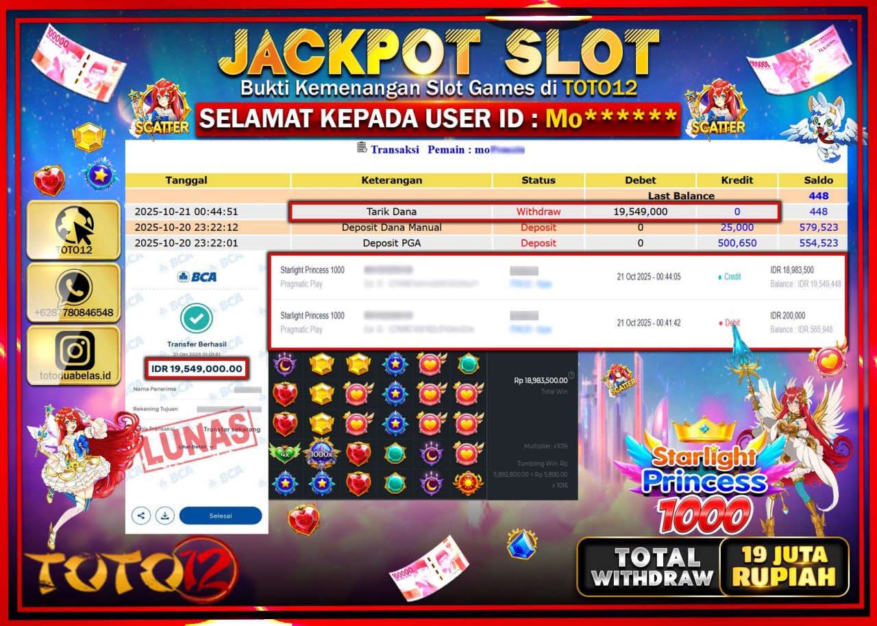 HANYA DI TOTO12 JP PASTI DI BAYAR LUNAS DAN CEPAT!!!!!! JACKPOT SLOT GAME (STARLIGHT PRINCESS 1000) Rp.19.549.000 !!!!