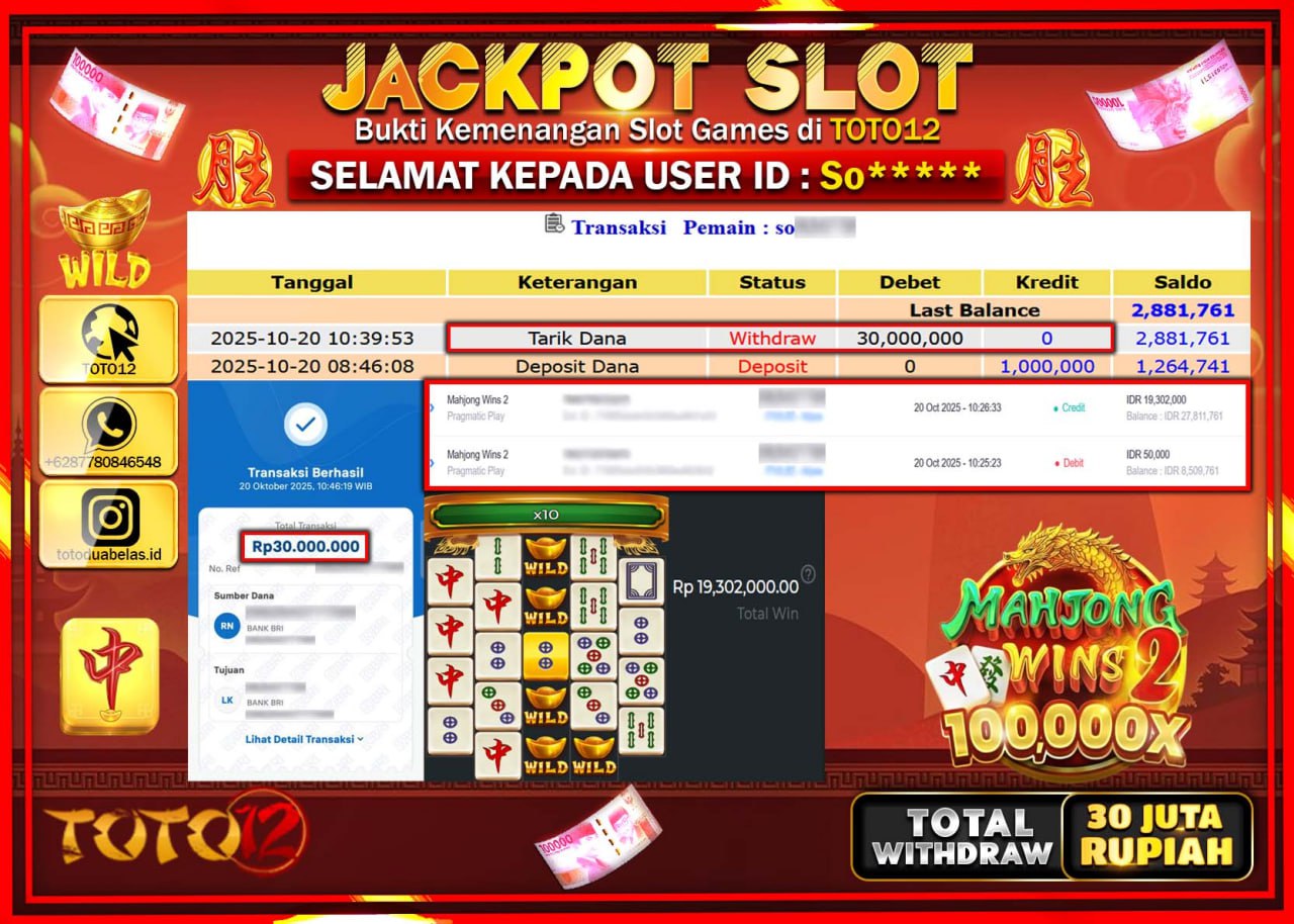 HANYA DI TOTO12 JP PASTI DI BAYAR LUNAS DAN CEPAT!!!!!! JACKPOT SLOT GAME (MAHJONG WINS 2) Rp.30.000.000 !!!!