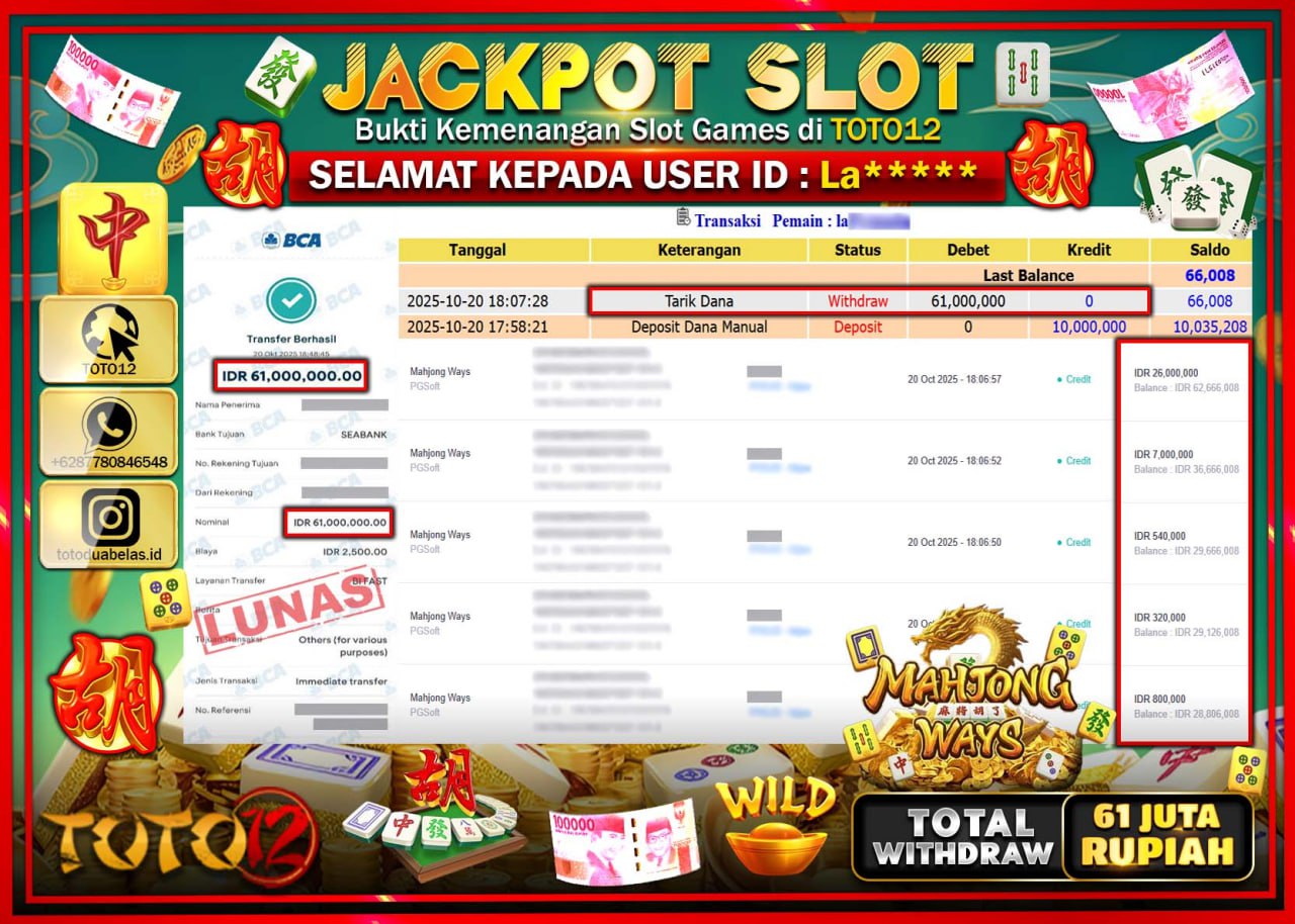 HANYA DI TOTO12 JP PASTI DI BAYAR LUNAS DAN CEPAT!!!!!! JACKPOT SLOT GAME (MAHJONG WAYS) Rp.61.000.000 !!!!