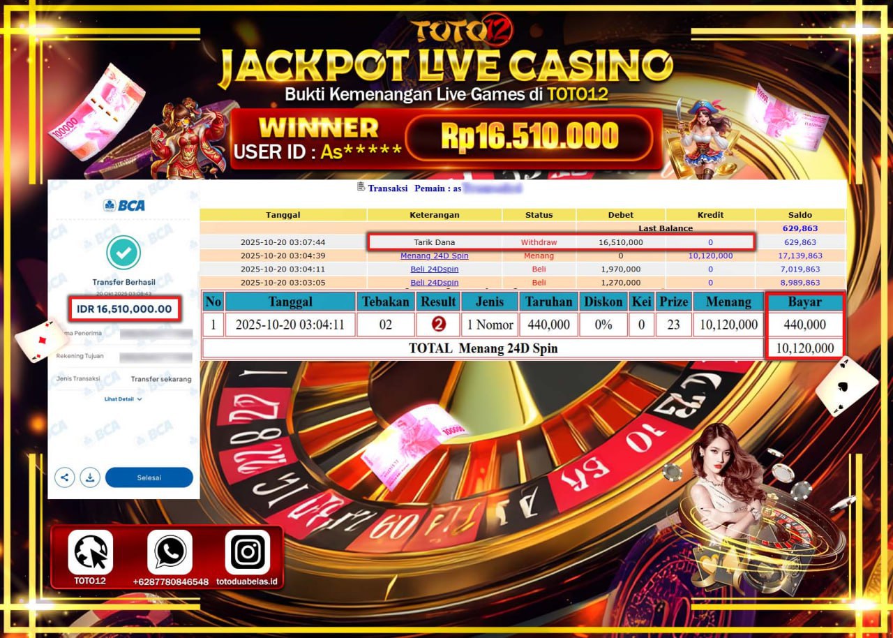 HANYA DI TOTO12 JP PASTI DI BAYAR LUNAS DAN CEPAT!!!!!! JACKPOT LIVE CASINO (24D SPIN) Rp.16.510.000 !!!!
