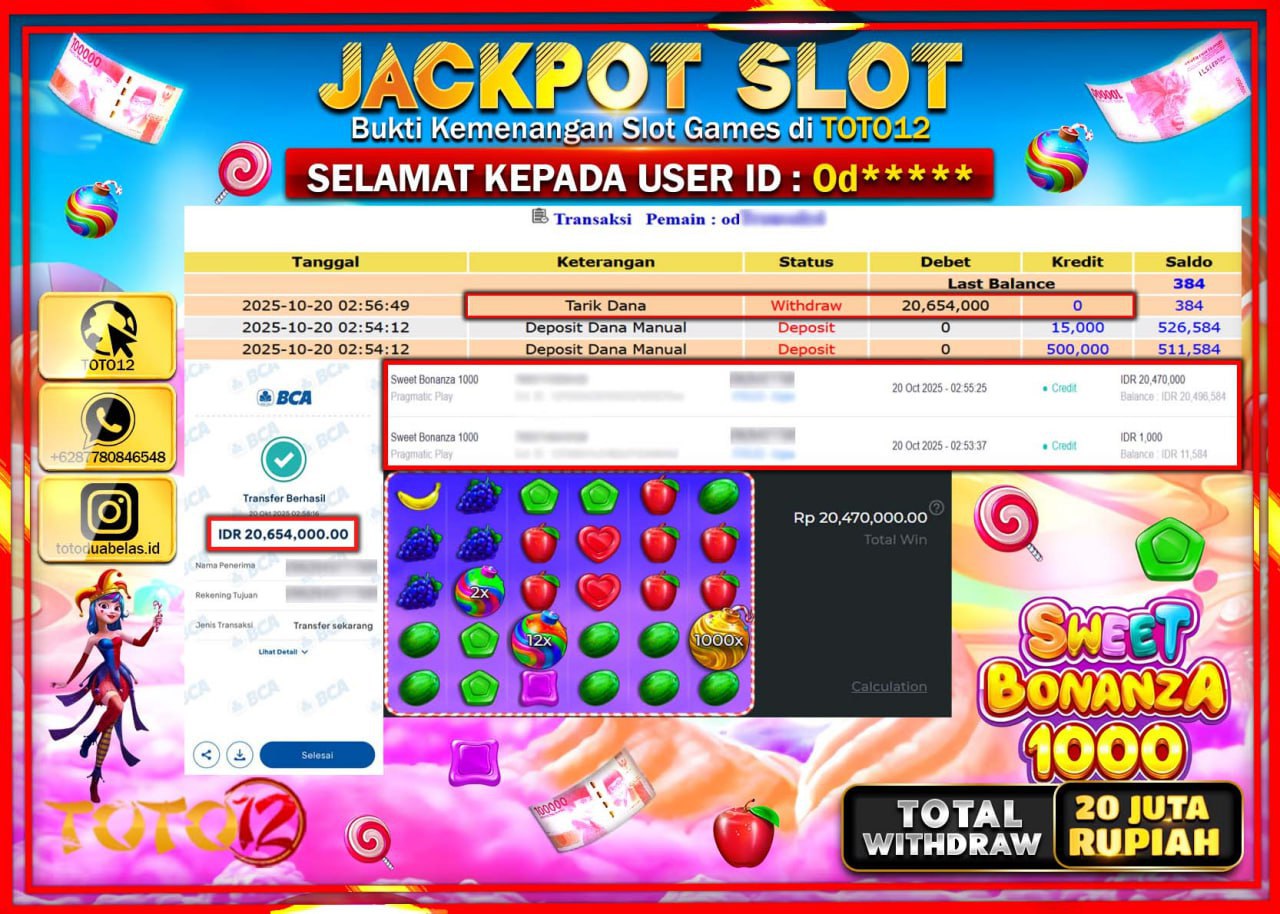 HANYA DI TOTO12 JP PASTI DI BAYAR LUNAS DAN CEPAT!!!!!! JACKPOT SLOT GAME (SWEET BONANZA 1000) Rp.20.654.000 !!!!