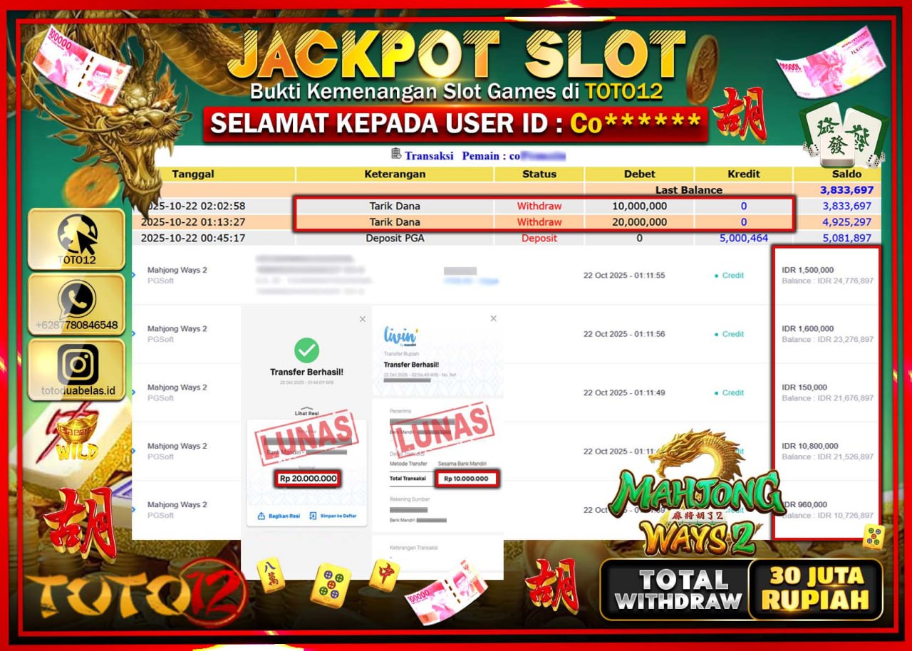 HANYA DI TOTO12 JP PASTI DI BAYAR LUNAS DAN CEPAT!!!!!! JACKPOT SLOT GAME (MAHJONG WAYS 2) Rp.30.000.000 !!!!