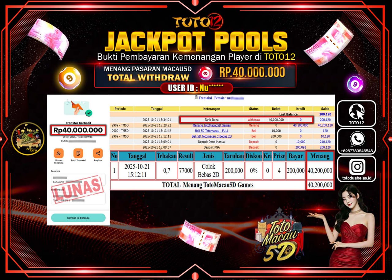 HANYA DI TOTO12 JP PASTI DI BAYAR LUNAS DAN CEPAT!!!!!! JACKPOT POOLS PASARAN (MACAU 5D) Rp.40.000.000 !!!!