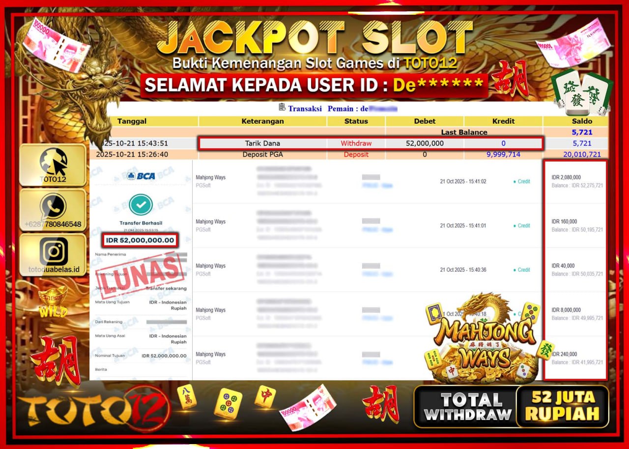 HANYA DI TOTO12 JP PASTI DI BAYAR LUNAS DAN CEPAT!!!!!! JACKPOT SLOT GAME (MAHJONG WAYS) Rp.52.000.000 !!!!