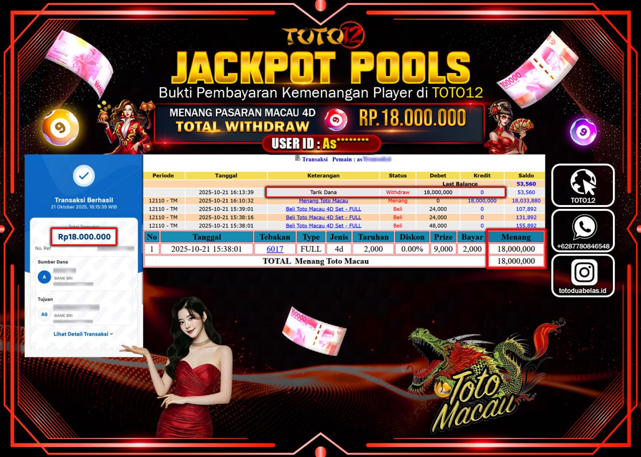 HANYA DI TOTO12 JP PASTI DI BAYAR LUNAS DAN CEPAT!!!!!! JACKPOT POOLS PASARAN (MACAU 4D) Rp.18.000.000 !!!!