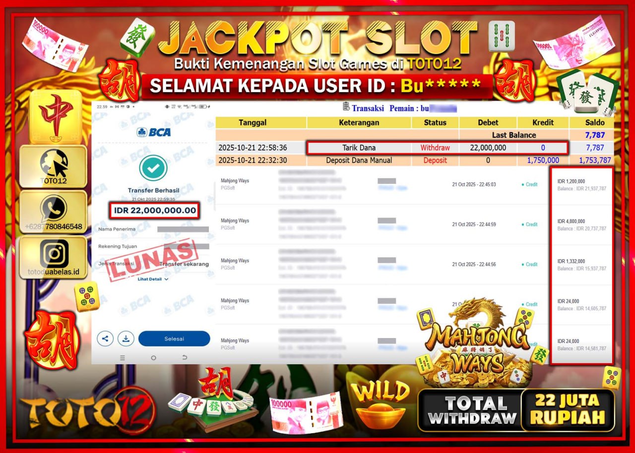 HANYA DI TOTO12 JP PASTI DI BAYAR LUNAS DAN CEPAT!!!!!! JACKPOT SLOT GAME (MAHJONG WAYS) Rp.22.000.000 !!!!