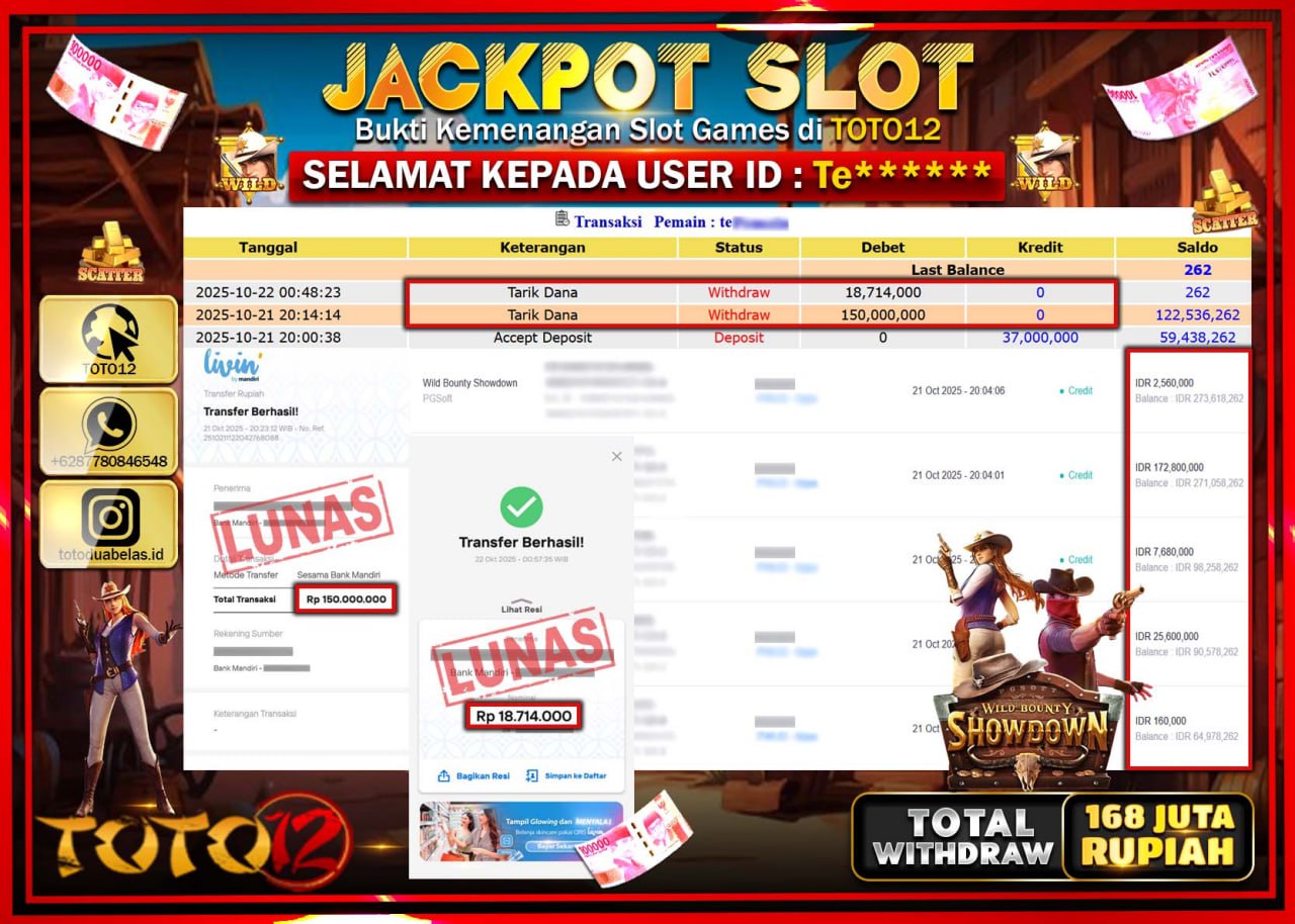 HANYA DI TOTO12 JP PASTI DI BAYAR LUNAS DAN CEPAT!!!!!! JACKPOT SLOT GAME (WILD BOUNTY SHOWDOWN) Rp.168.714.000 !!!!