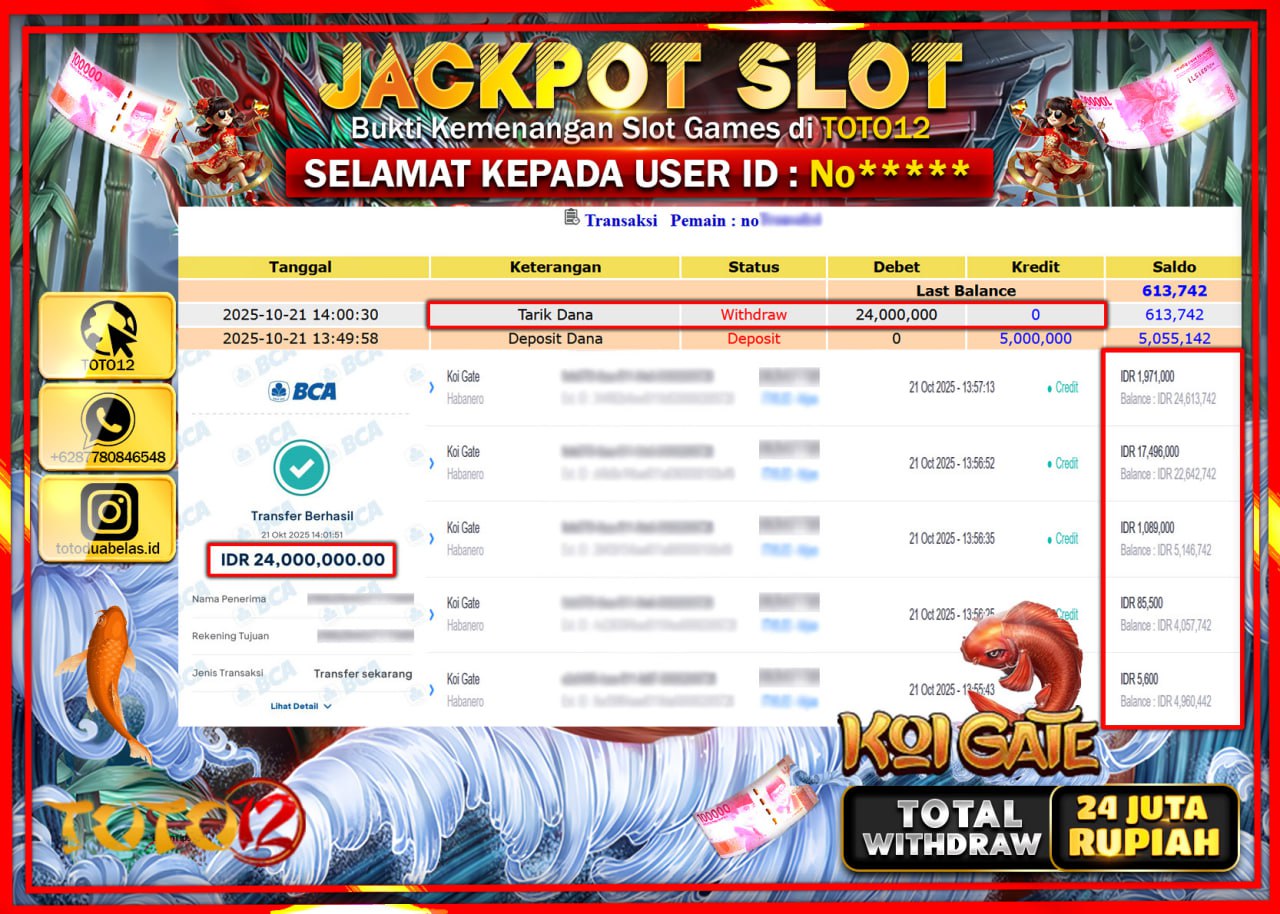 HANYA DI TOTO12 JP PASTI DI BAYAR LUNAS DAN CEPAT!!!!!! JACKPOT SLOT GAME (KOI GATE) Rp.24.000.000 !!!!