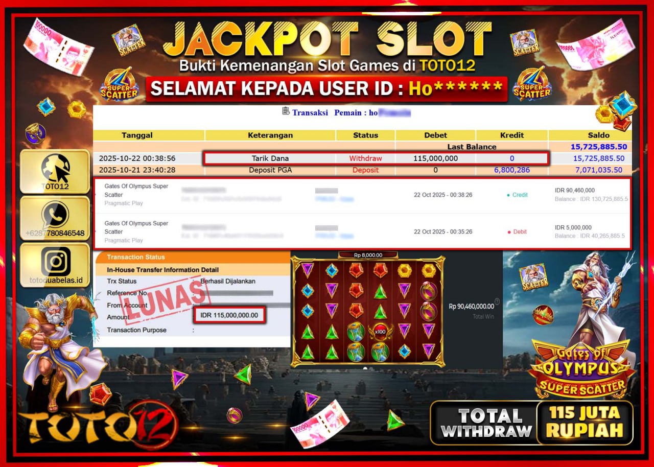 HANYA DI TOTO12 JP PASTI DI BAYAR LUNAS DAN CEPAT!!!!!! JACKPOT SLOT GAME (GATES OF OLYMPUS SUPER SCATTER) Rp.115.000.000 !!!!