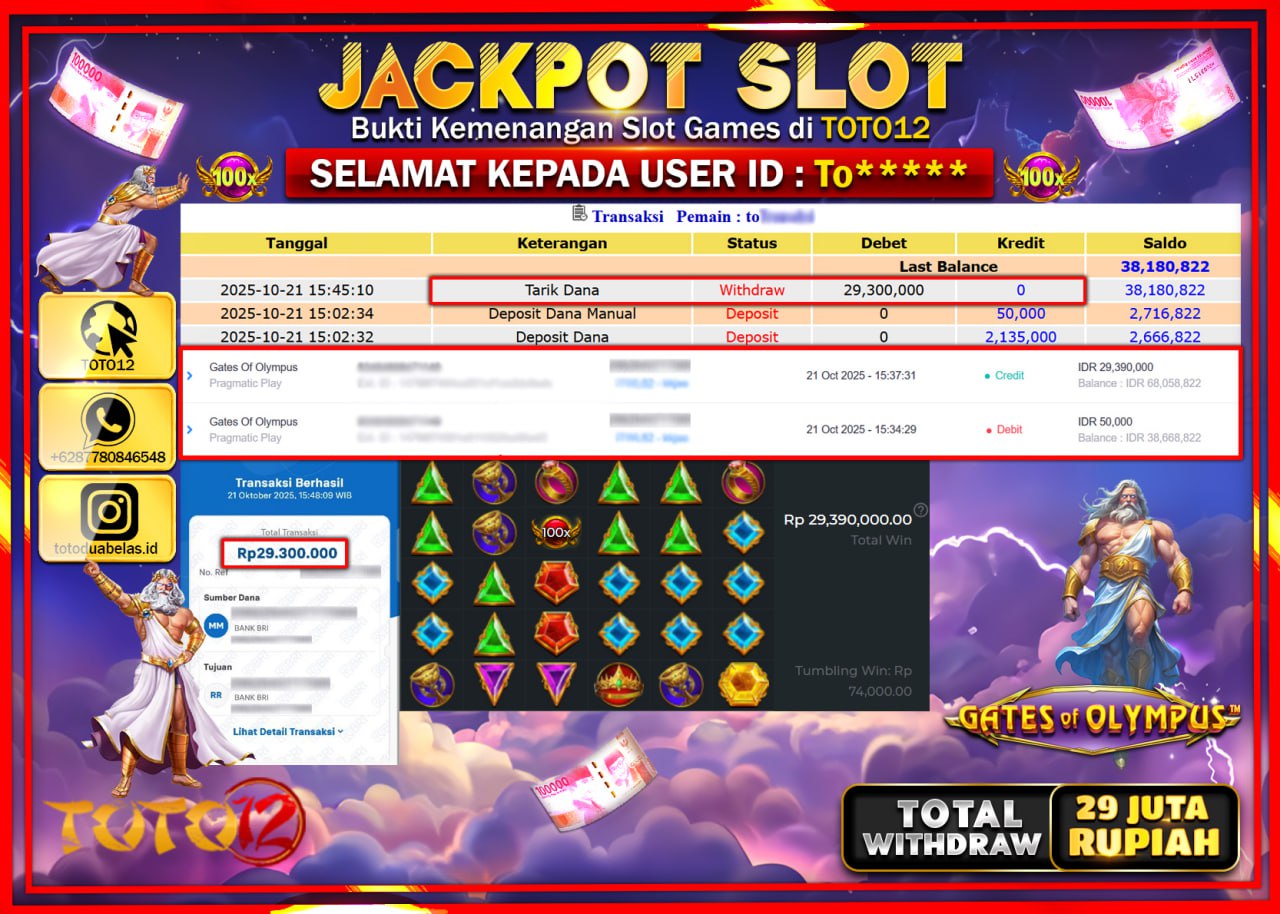 HANYA DI TOTO12 JP PASTI DI BAYAR LUNAS DAN CEPAT!!!!!! JACKPOT SLOT GAME (GATES OF OLYMPUS) Rp.29.300.000 !!!!