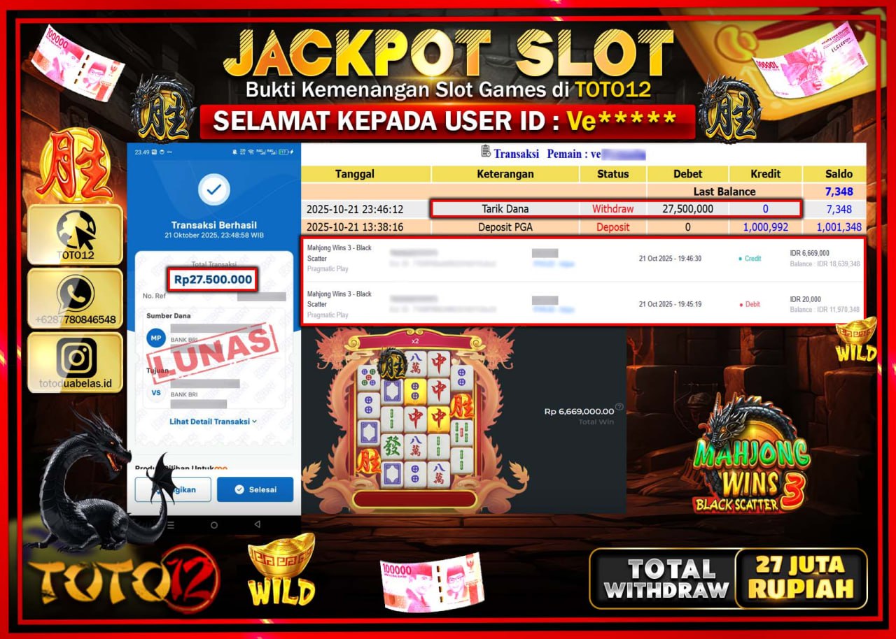 HANYA DI TOTO12 JP PASTI DI BAYAR LUNAS DAN CEPAT!!!!!! JACKPOT SLOT GAME (MAHJONG WINS 3 BLACK SCATTER) Rp.27.500.000 !!!!
