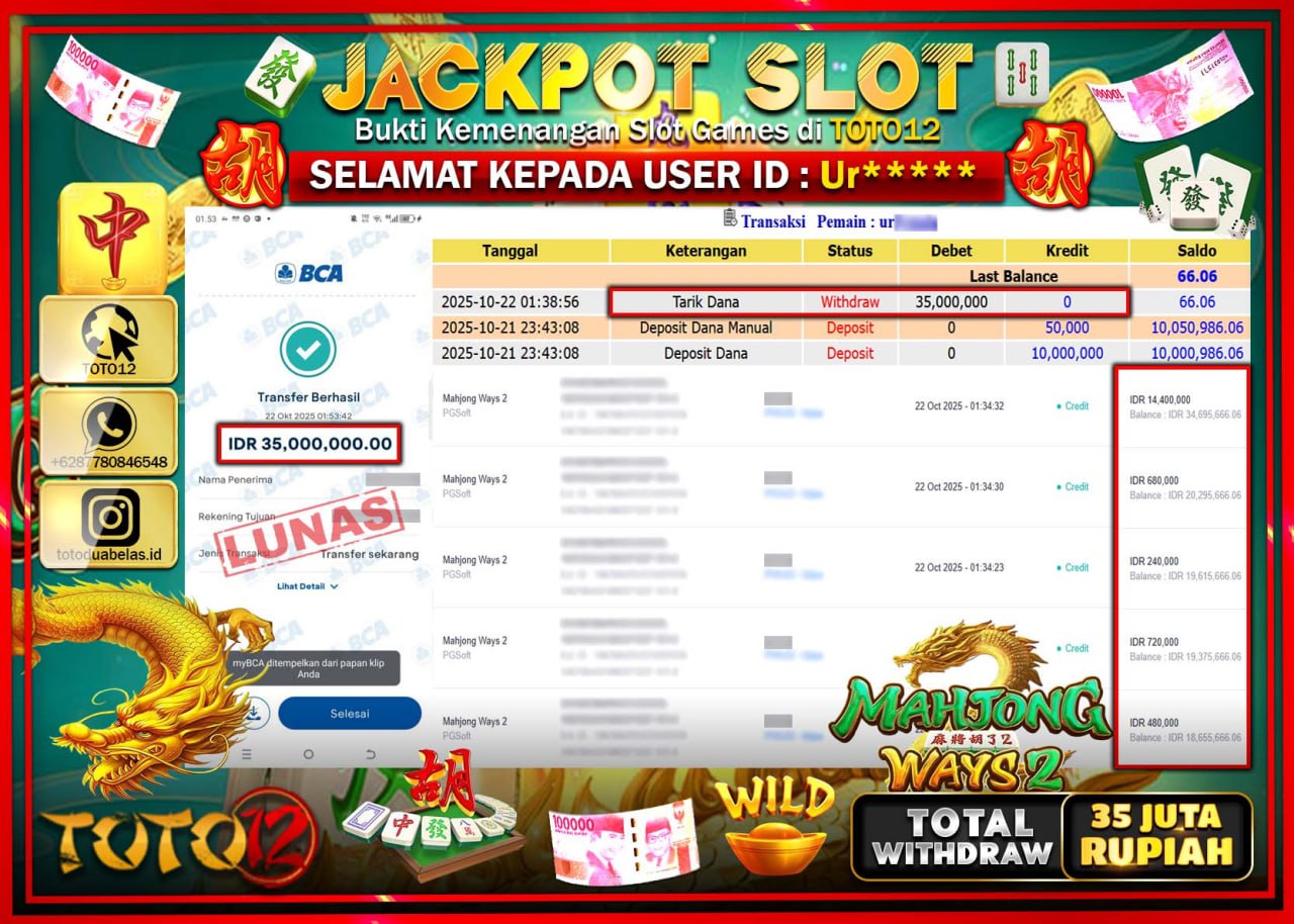 HANYA DI TOTO12 JP PASTI DI BAYAR LUNAS DAN CEPAT!!!!!! JACKPOT SLOT GAME (MAHJONG WAYS 2) Rp.35.000.000 !!!!