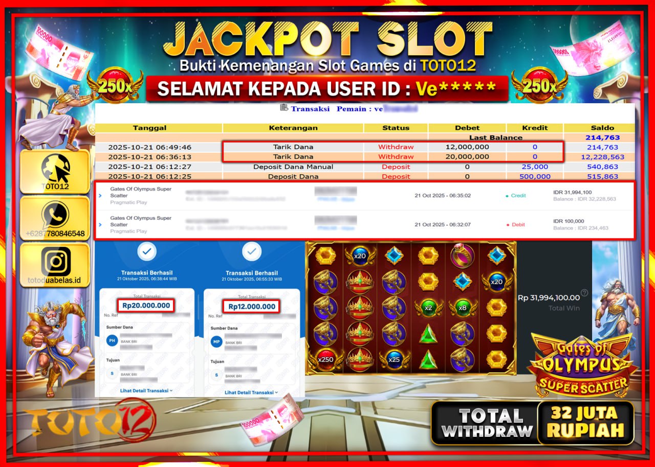 HANYA DI TOTO12 JP PASTI DI BAYAR LUNAS DAN CEPAT!!!!!! JACKPOT SLOT GAME (GATES OF OLYMPUS SUPER SCATTER) Rp.32.000.000 !!!!