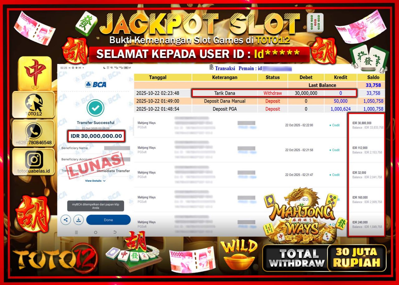 HANYA DI TOTO12 JP PASTI DI BAYAR LUNAS DAN CEPAT!!!!!! JACKPOT SLOT GAME (MAHJONG WAYS) Rp.30.000.000 !!!!