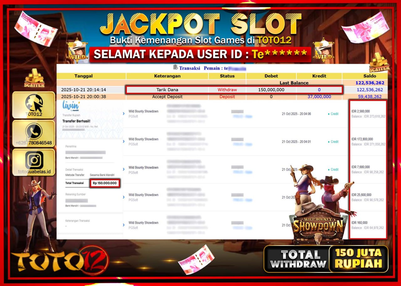 HANYA DI TOTO12 JP PASTI DI BAYAR LUNAS DAN CEPAT!!!!!! JACKPOT SLOT GAME (WILD BOUNTY SHOWDOWN) Rp.150.000.000 !!!!